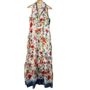 Yumi Kim Floral Silk Maxi Shirt Dress L Multicolor Collared Button Front Resort